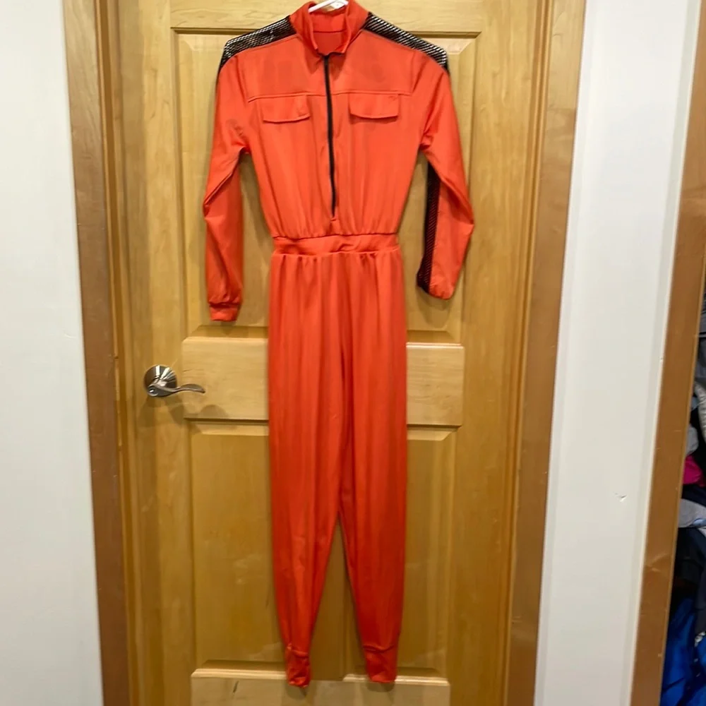 The Kine up orange jumpsuit pant black mesh size 12 zip front
